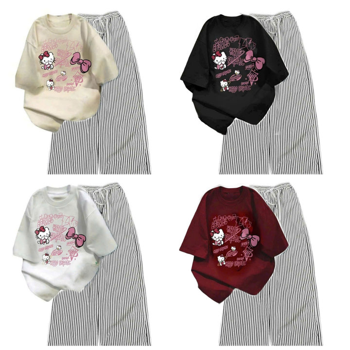 Sét Bộ Đồ Quần Đũi Kẻ Sọc +mix Áo Phông Mèo Cute Form Rộng Tay Lỡ Chất Cotton