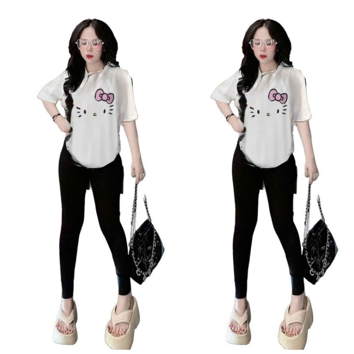 Alternative view of Sét Bộ Quần Leggging Dáng Dài 95cm Co Dãn + Mix Áo Phông Mèo Đơn Giản Form Rộng Tay Lỡ Chất Mát