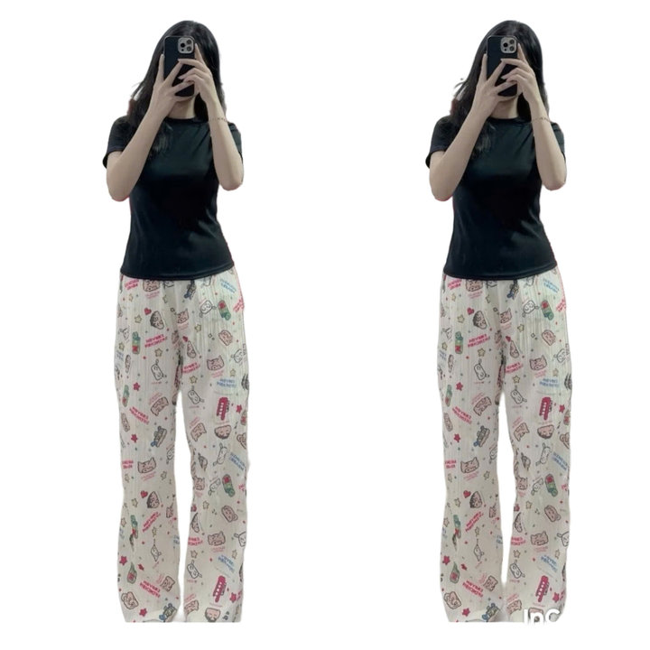 Sét Bộ Mặc Nhà Quần Hoạt Hình Bút Chì +áo Thun Tăm Dáng Ngắn Croptop Trơn Tăm
