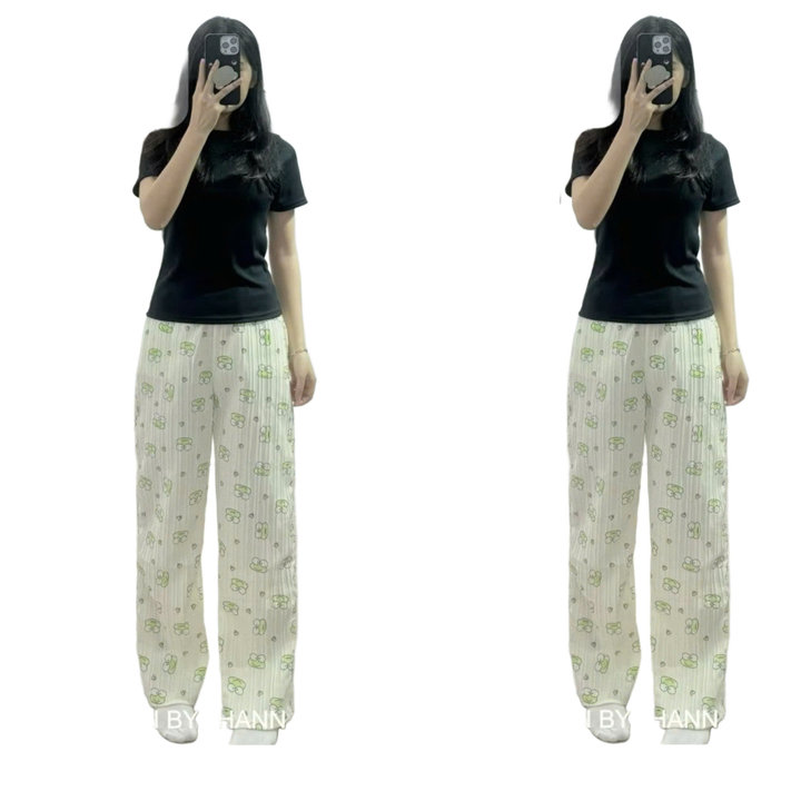 Sét Bộ Mặc Nhà Quần Hoạt Hình Ếch Xanh +áo Thun Tăm Dáng Ngắn Croptop Trơn Tăm