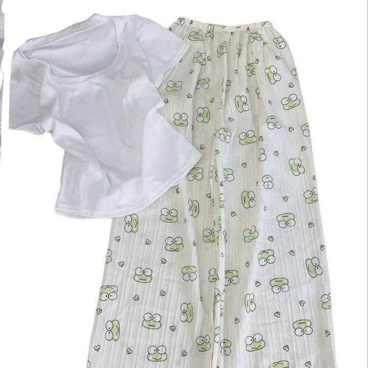 Alternative view of Sét Bộ Mặc Nhà Quần Hoạt Hình Ếch Xanh +áo Thun Tăm Dáng Ngắn Croptop Trơn Tăm