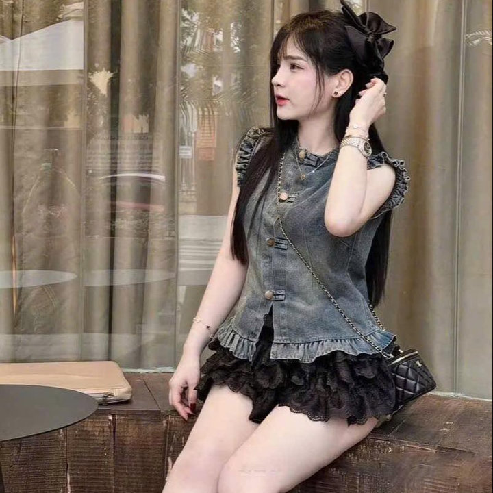 Set Áo Denim Cánh Tiên Phối Chân Váy Ren Lưới 2 Lớp Tb118yu-nana House