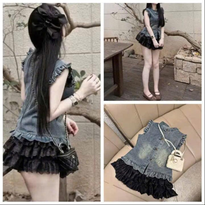 Alternative view of Set Áo Denim Cánh Tiên Phối Chân Váy Ren Lưới 2 Lớp Tb118yu-nana House