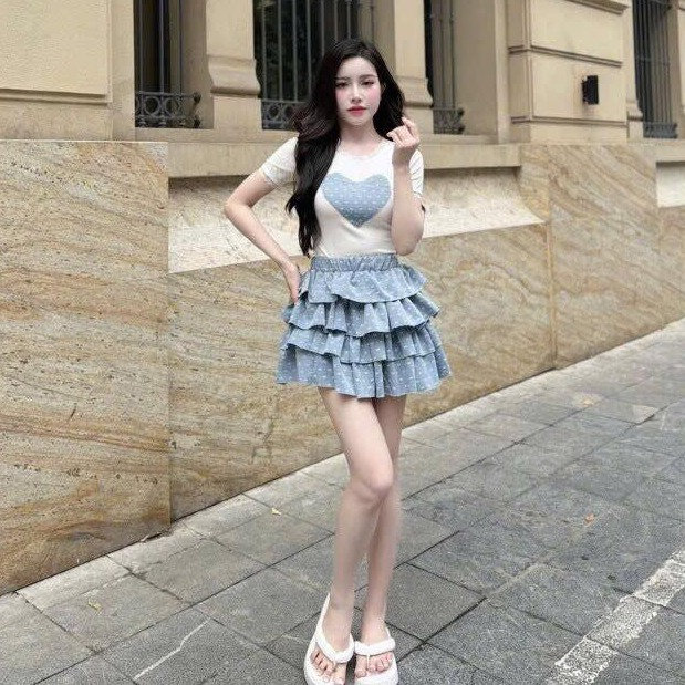 Set Chân Váy Mango Tầng Phối Áo Tăm Thêu Hình Phối Ren Bt85uy-sam Store