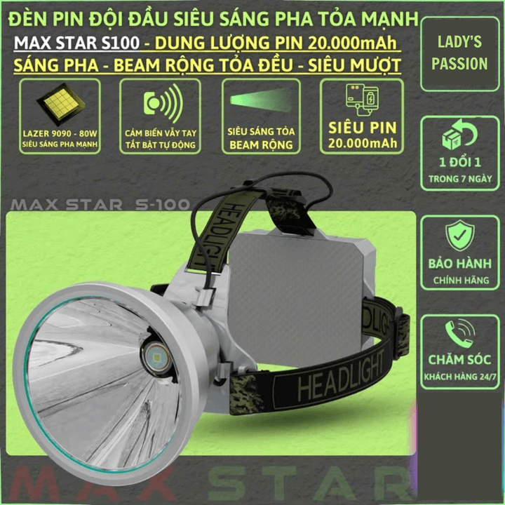 Đèn Đội Đầu Siêu Sáng Mạnh Tỏa Rộng Maxstar S100 Pin 20000mah Độ Sáng 7500 Lumen Gd240 - Lady's Passion