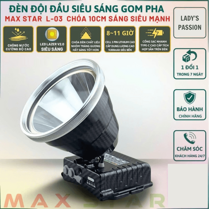 Đèn Đội Đầu Maxstar L03 Sáng Mạnh Gom Pha Pin Trâu Sạc Nhanh Gd245 - Lady's Passion