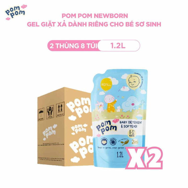 [2 Thùng 8 Túi 1.2l] - Dành Cho Bé Sơ Sinh - Gel Giặt Xả Đậm Đặc 2in1