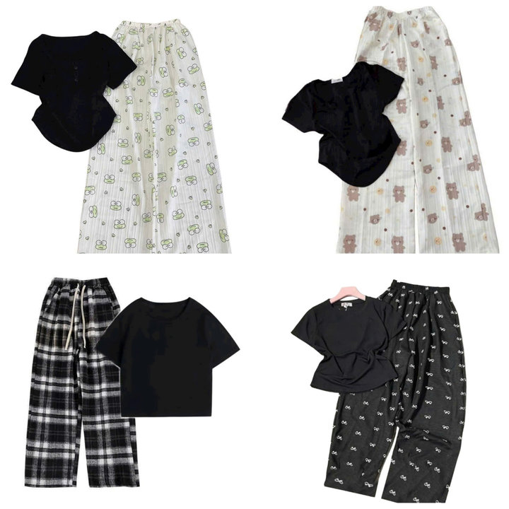 Alternative view of Tổng Hợp Các Sét Quần Ống Rộng + Áo Phông Croptop Cộc Tay Trơn Dáng Ngắn Chất Tăm Hàn Lạnh Cho Nữ