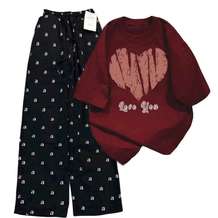 Alternative view of Tổng Hợp Các Sét Bộ Quần Ống Rộng Cạp Cao Dáng Dài+ Mix Áo Phông Form Rộng Chữ Love You