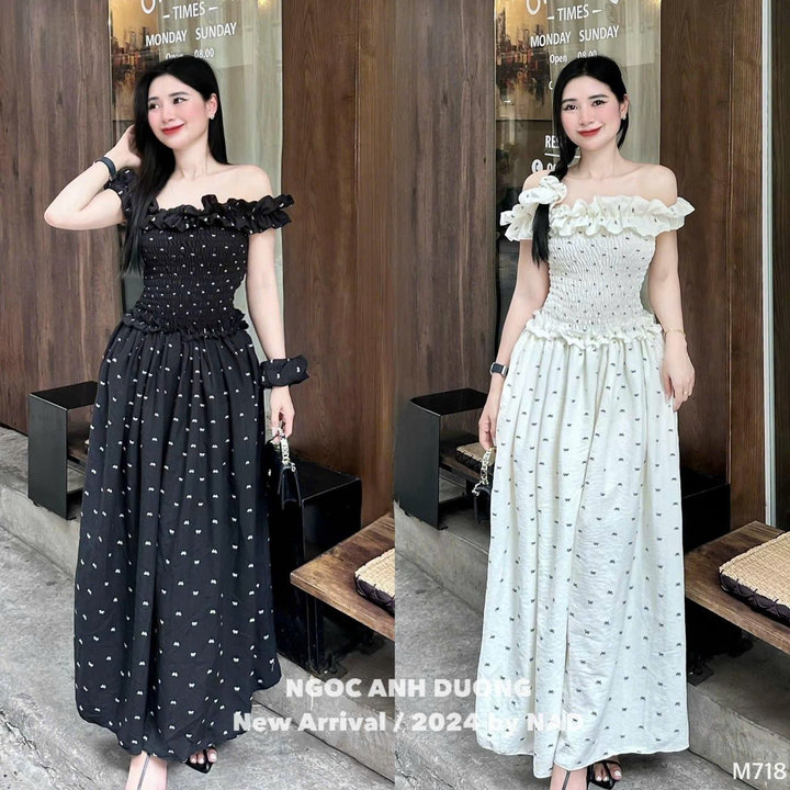 Đầm Lụa Nhún In Nơ Trễ Vai Bèo Dáng Dài Bt79mj-sam Store