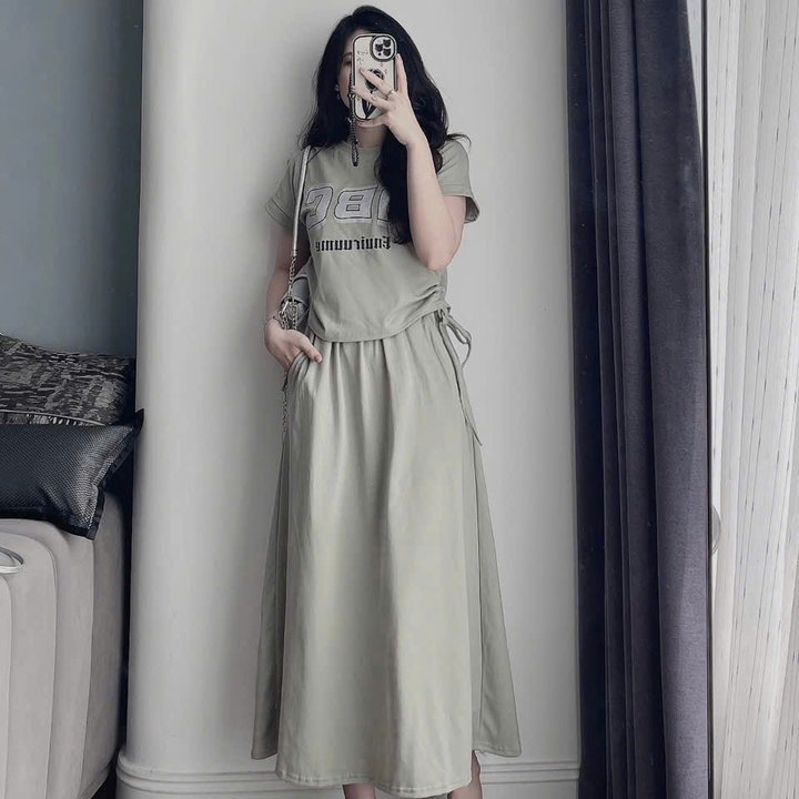 Alternative view of Set Bộ Áo Phối Chân Váy Dáng Dài Chữ Abc Mặc Siêu Tôn Dáng Đi Dạo Phối , Mặc Nhà