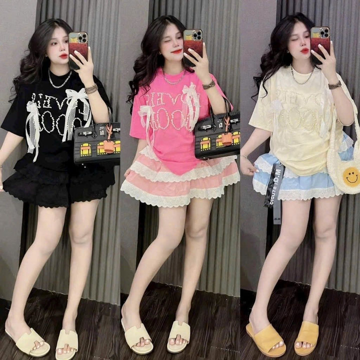 Set Áo Thun Tăm Đính Phụ Kiện Phối Chân Váy Mango Ren Tầng Tb95ty-nana House