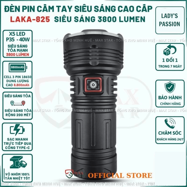Đèn Pin Cầm Tay Laka825 Siêu Sáng Vỏ Nhôm Chống Nước Pin Trâu Gd247 - Lady's Passion