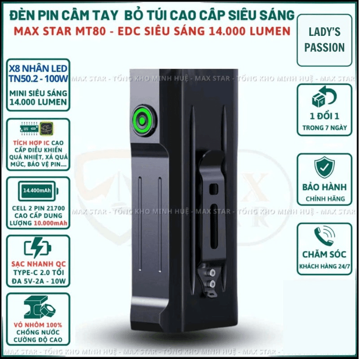 Đèn Pin Cầm Tay Maxstar Mt80 Edc Siêu Sáng Cực Mạnh 14000 Lumen, Pin 10000amh Hỗ Trợ Sạc Ngược Đt Gd250 - Lady's Passion