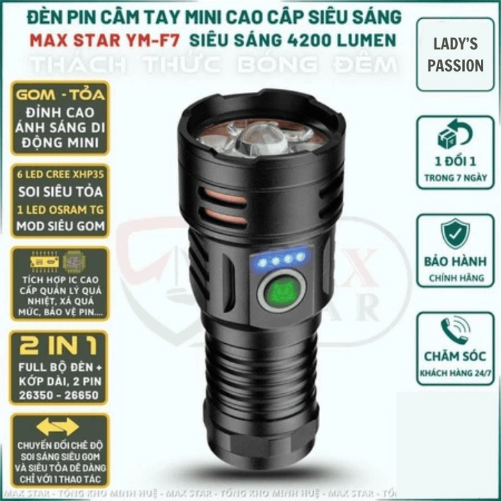 Đèn Pin Cầm Tay Maxstar Ymf7 Cao Cấp Chống Nước Ipx7, Độ Sáng 4200 Lumen Pin Trâu Gd253 - Lady's Passion