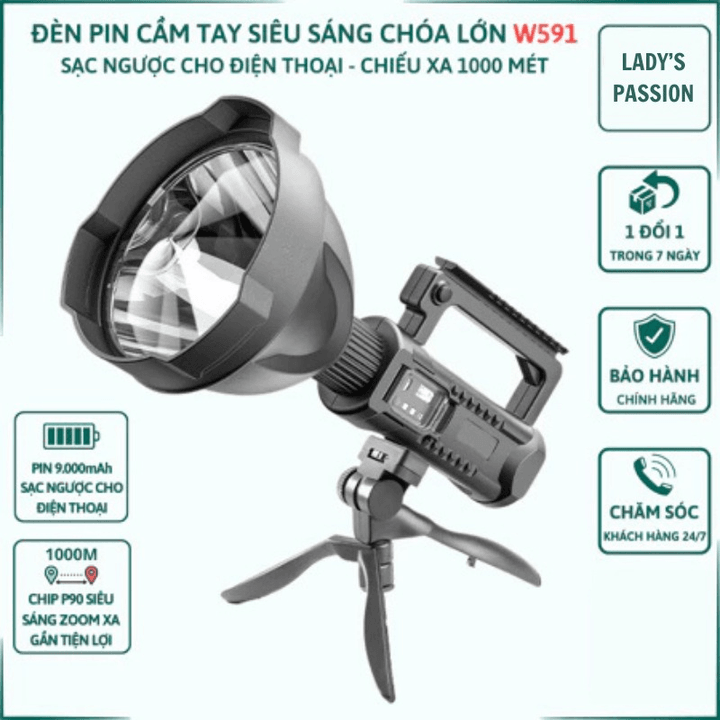 Đèn Pin Cầm Tay W591 Chóa Lớn Siêu Sáng Chiếu Xa 1000m Pin 9000mah Có Chân Đế Tháo Rời Sạc Ngược Đt Gd258 - Lady's Passion