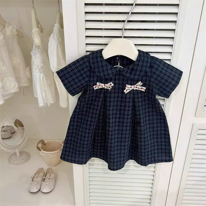 Váy Xòe Cổ Bèo 2 Nơ Sọc Caro Cho Bé Gái 1-8 Tuổi Từ 10-26kg Dành Cho Bé Gái
