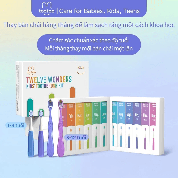 Set 12 Bàn Chải Đánh Răng Trẻ Em Tootoo Twelve Wonders Lông Mềm Mịn Làm Sạch Mảng Bám Cho Bé 1-12 Tuổi