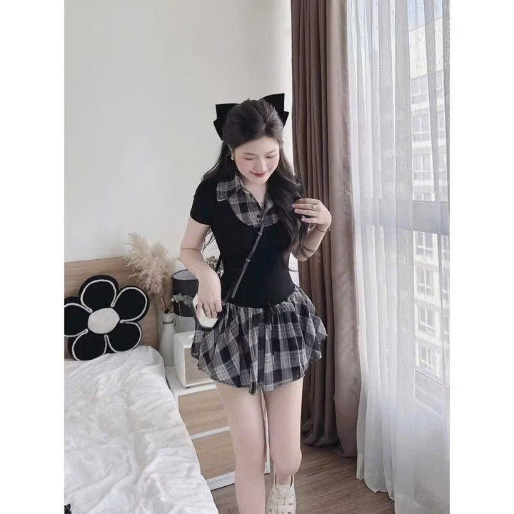 Alternative view of Đầm Đũi Caro Cổ Bẻ Phối Tăm Lạnh Khóa Kéo Đính Nơ Kèm Quần Rời Tb86dr-nana House