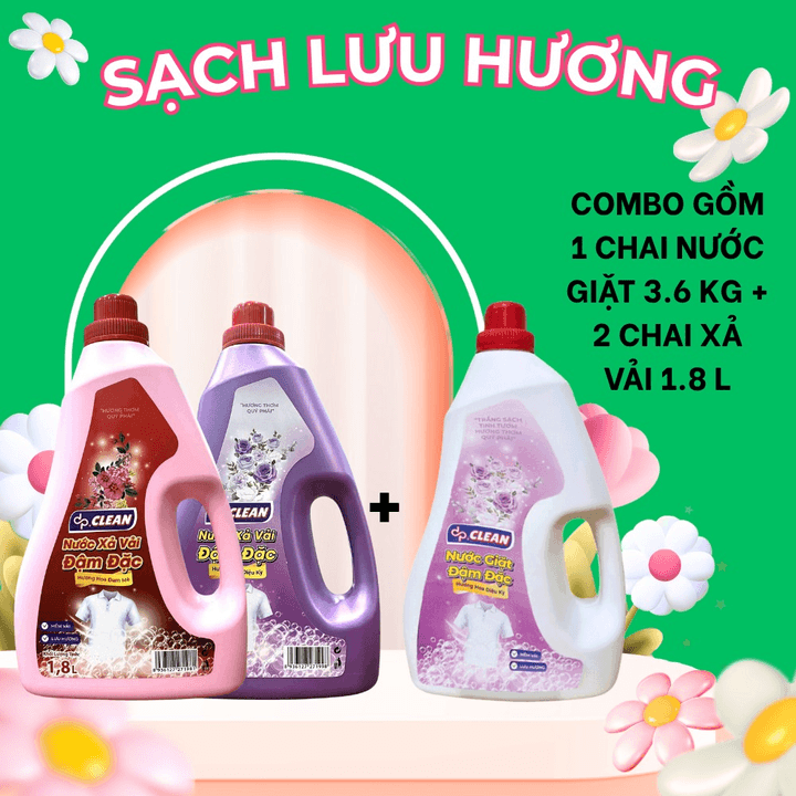 Sạch Lưu Hương - Combo Gồm 1 Chai Nước Giặt Đậm Đặc 3.6kg + 2 Chai Nước Xả Vải 1.8 Kg - Sahaka