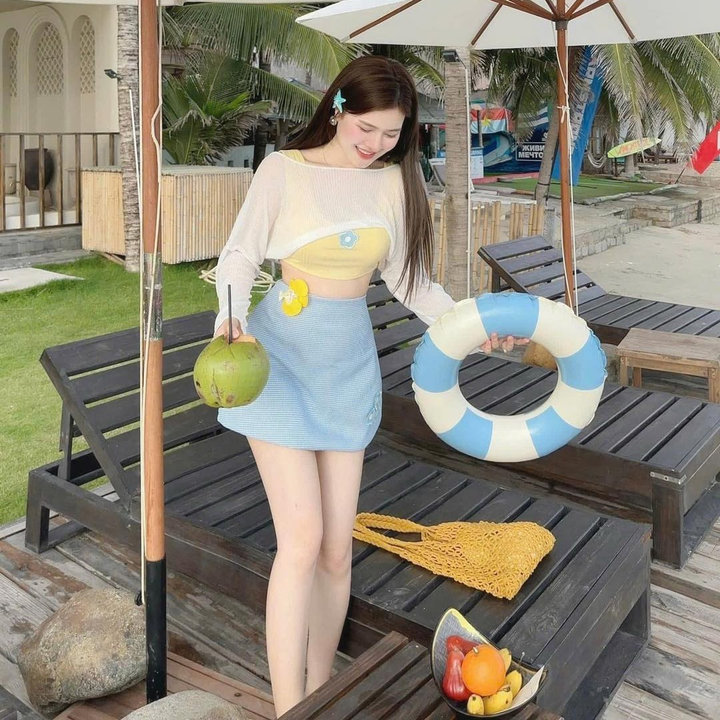 Alternative view of Set 3 Món Áo Tăm Đính Hoa Khoác Voan Giấy Mix Chân Váy Đũi Xốp Tb105kf-nana House