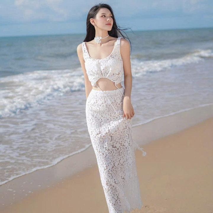 Set Váy Maxi Vải Ren Dáng Dài 2 Dây Chữ A Thời Trang Nữ Mặc Đi Biển Xinh Xắn