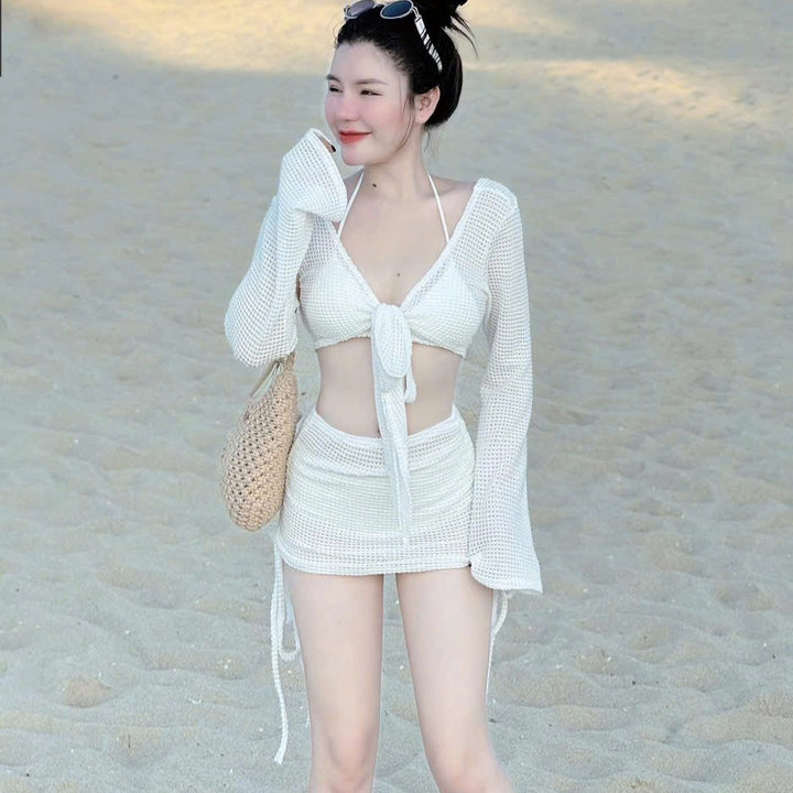 Set Váy Len Ren Áo Dài Tay Dáng Lửng Buộc Nơ Mix Chân Váy Ngắn Siêu Xinh Đi Biển
