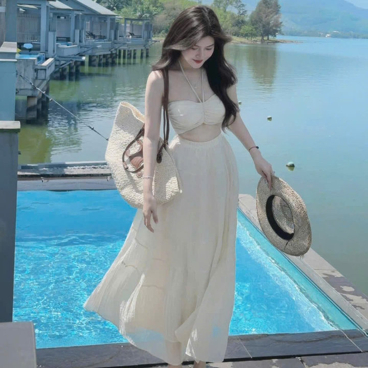 Đầm Maxi Đi Biển Set Váy Nữ Kèm Áo Quây Có Mút + Chân Váy Dáng Dài Vải Tơ Xốp