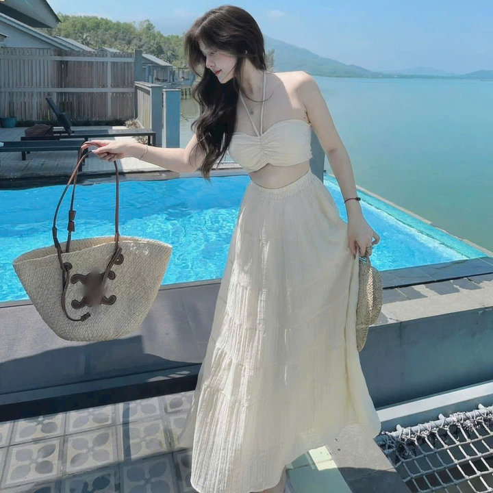 Alternative view of Đầm Maxi Đi Biển Set Váy Nữ Kèm Áo Quây Có Mút + Chân Váy Dáng Dài Vải Tơ Xốp