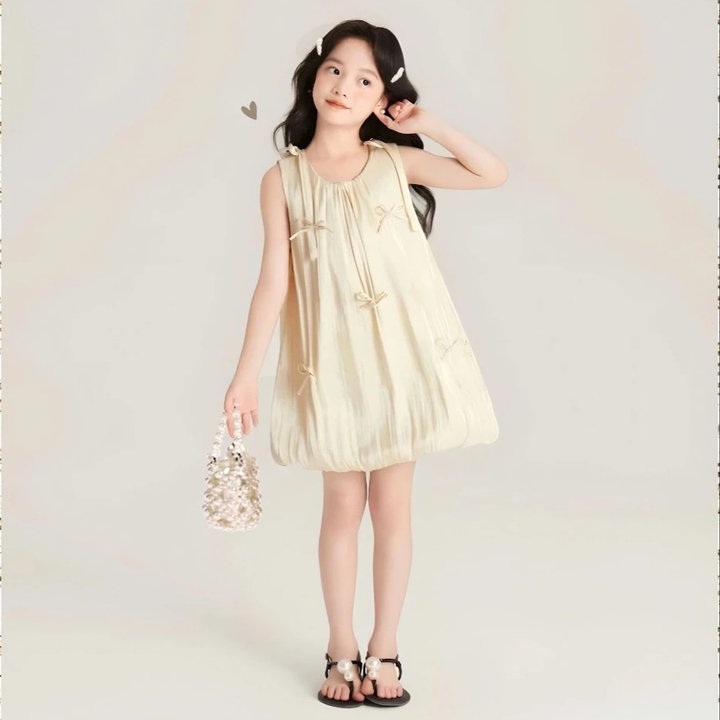 Đầm Bí Bé Gái, Váy Tiểu Thư Bé Gái Voan Óng Sát Nách Rút Nơ Đi Tiệc, Đi Chơi Từ 12-45kg Dành Cho Bé Gái