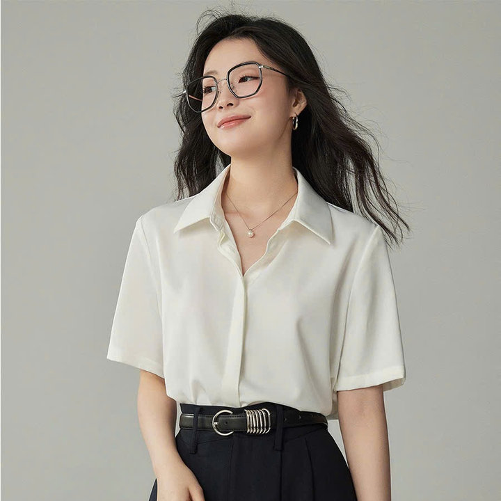 Áo Sơ Mi Nữ Tay Ngắn Giấu Cúc Chất Liệu Vải Lụa
