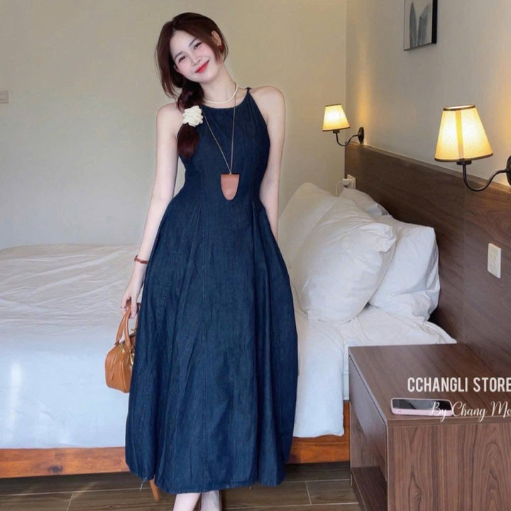 Đầm Denim Lụa Mềm Dáng Dài Cổ Yếm Tb100io-nana House