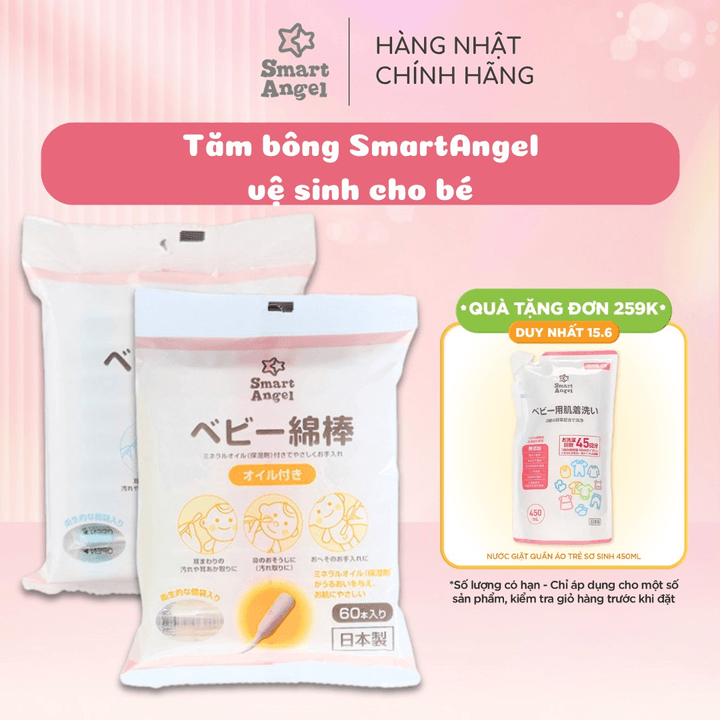 (nội Địa Nhật) Tăm Bông Smartangel Thấm Dầu & Kết Dính Dễ Dàng Làm Sạch Kháng Khuẩn Cho Bé 60 Cây