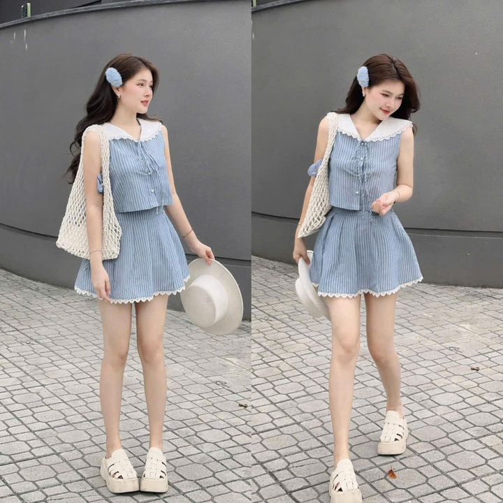 Alternative view of Set Đồ Nữ Cổ Sen Ren Áo Craptop Mix Chân Váy , Chất Lennin Có Lót Trong Kiểu Dáng Trẻ Trung Năng Động Mùa Hè