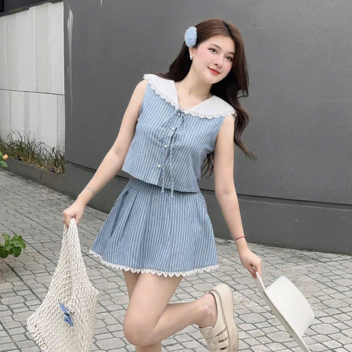 Set Đồ Nữ Cổ Sen Ren Áo Craptop Mix Chân Váy , Chất Lennin Có Lót Trong Kiểu Dáng Trẻ Trung Năng Động Mùa Hè