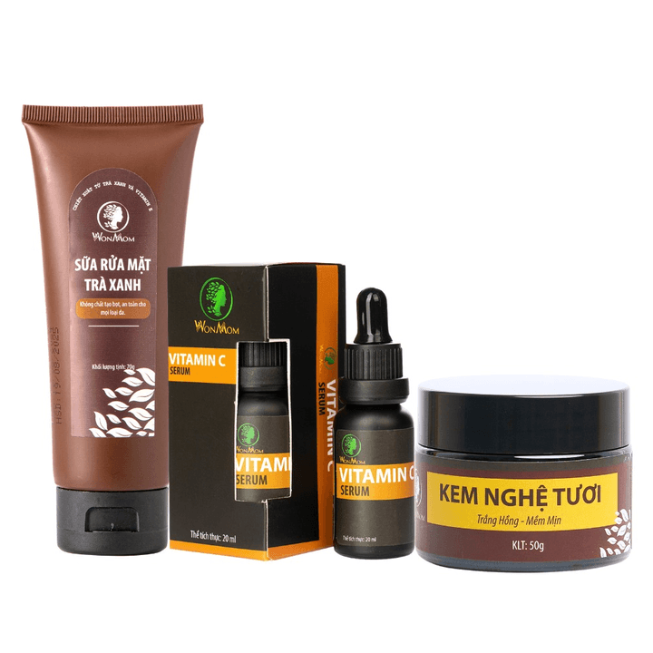 Bộ Dưỡng Da Mặt Trắng Hồng Chuyên Sâu Từ Thảo Mộc Wonmom (1 Sữa Rửa Mặt + 1 Serum Vitamin C + 1 Kem Nghệ Tươi)