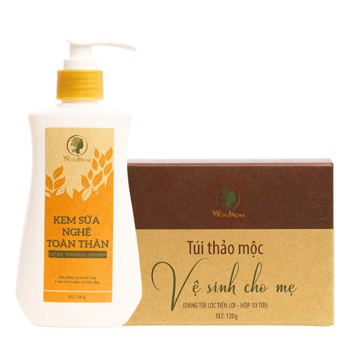 Bộ Dưỡng Trắng Hồng Body Tự Nhiên, Thảo Mộc Xông Khử Mùi Vùng Kín Wonmom (1 Kem Sữa Nghệ + 1 Hộp Thảo Mộc Xông Vùng Kín)
