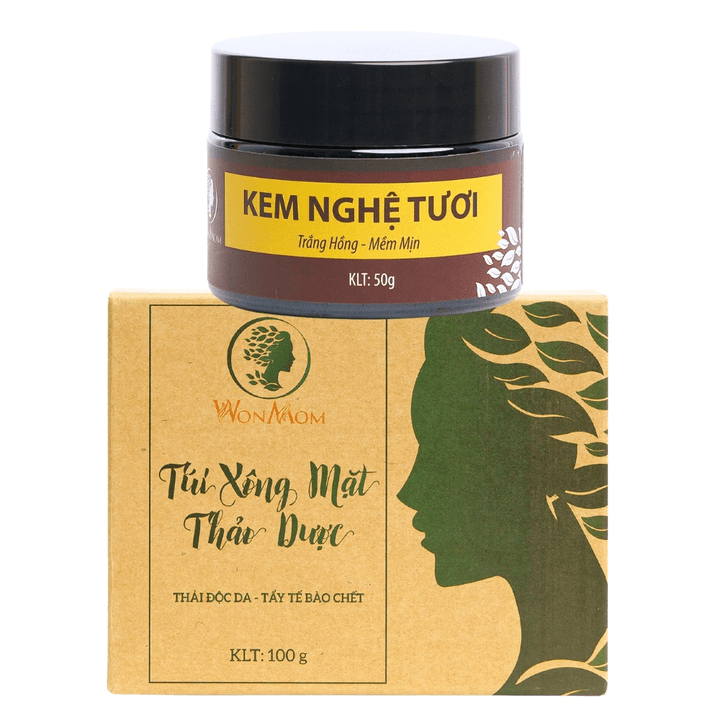 Bộ Dưỡng Da Mặt, Đẩy Mụn Ẩn, Làm Sạch Sâu Da, Dưỡng Trắng Hồng Da Mặt Wonmom (1 Kem Nghệ Tươi+ 1 Hộp Xông Mặt Thảo Dược)