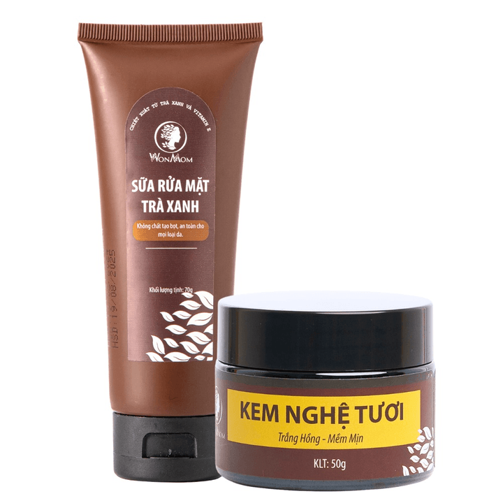 Combo Chăm Sóc Da Mặt Sáng Khỏe Và Trắng Mịn Màng Wonmom (sữa Rửa Mặt Hữu Cơ + Kem Nghệ Tươi)