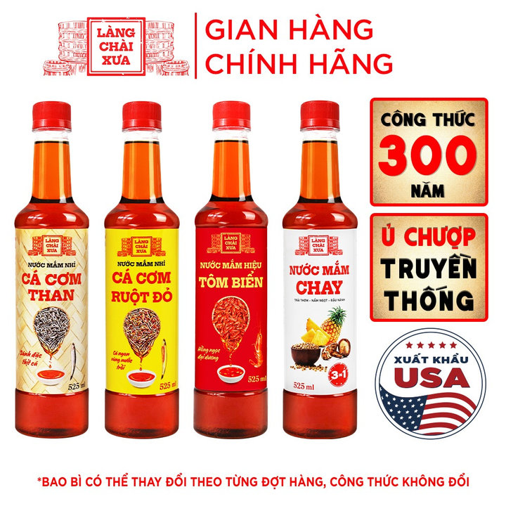 [combo 4 Chai - 4 Vị] Nước Mắm Nhỉ Cá Cơm Than, Tôm Biển, Cá Cơm Ruột Đỏ, Chay 3 Trong 1 525ml/chai Nhựa - Làng Chài Xưa