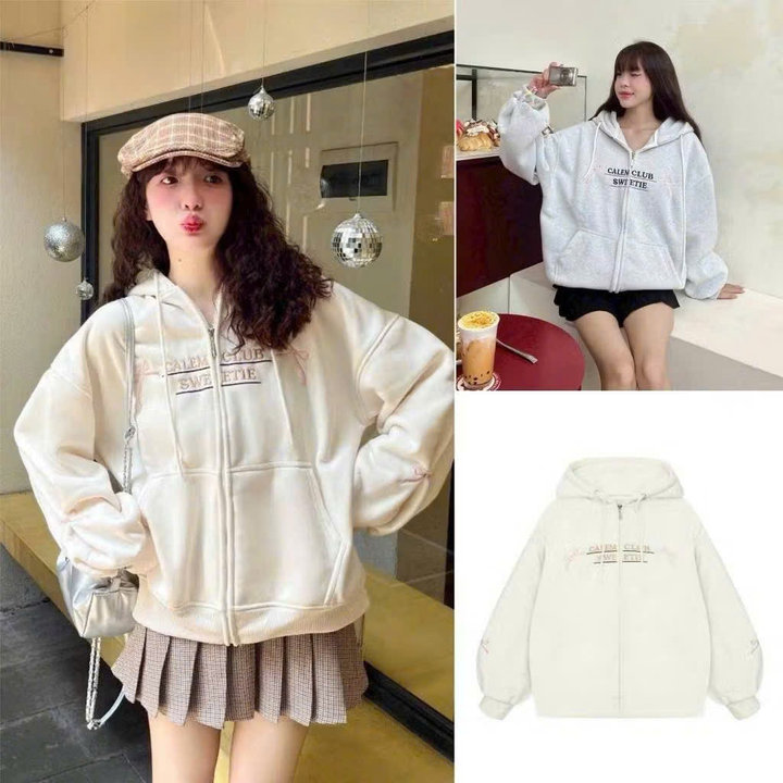 Áo Khoác Nỉ Hoodie Zip Thêu Nơ Clem Tay Phồng Form Rộng Ug82yt-nana House