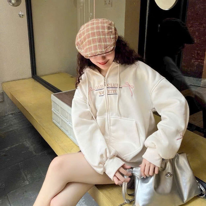 Áo Khoác Nỉ Hoodie Zip Thêu Nơ Clem Tay Phồng Form Rộng Gu82lo- Sam Store