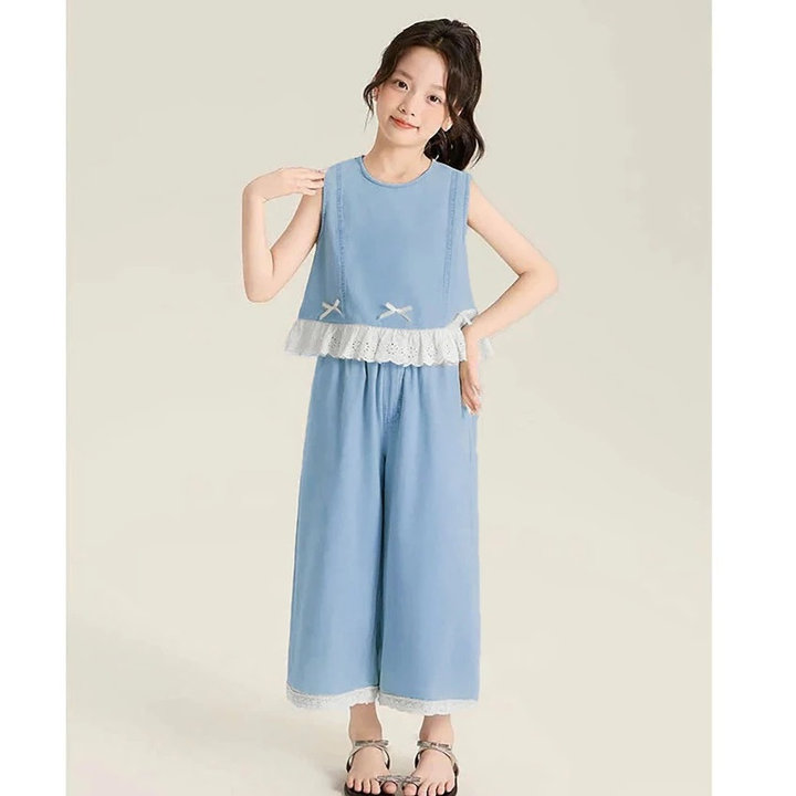 Set Đồ Jean Bò Giấy Bé Gái Áo Xòe Đính Nơ & Quần Ống Suông Viền Ren – Mềm Nhẹ, Dễ Thương Từ 12-45kg Dành Cho Bé Gái