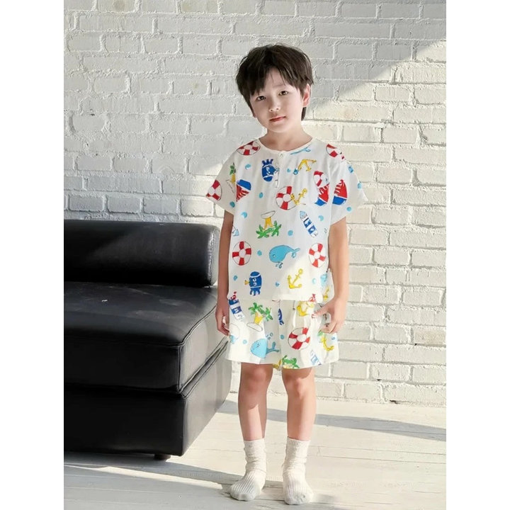 Bộ Pyjama Bé Trai, Đồ Bộ Ngủ Bé Trai Ngắn Tay Chất Tôn Mềm Mát Thoải Mái Mặc Ở Nhà Hoạ Tiết Biển Từ 8-40kg Dành Cho Bé Trai