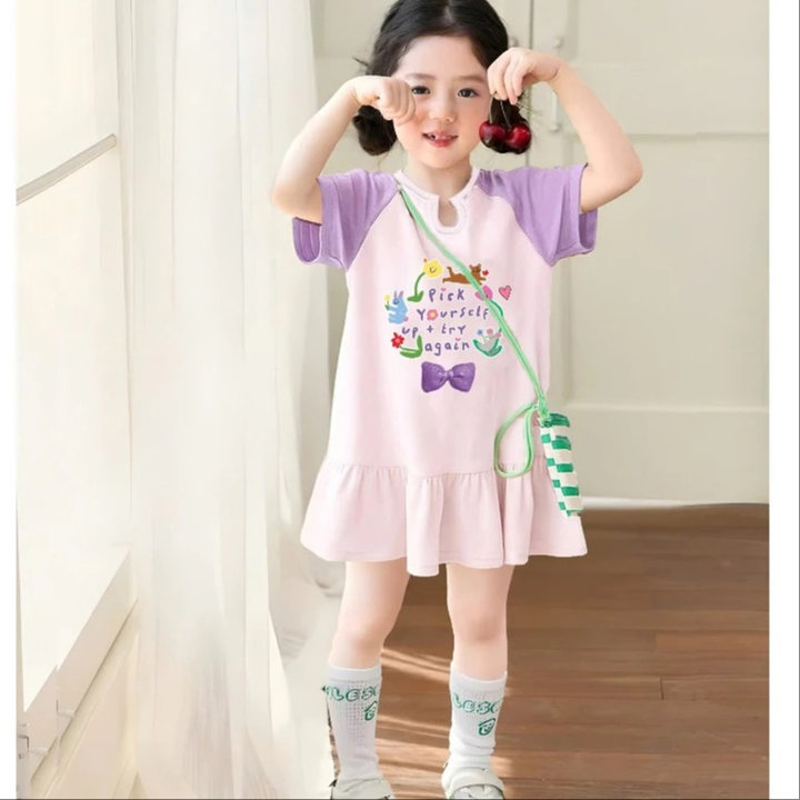 Đầm Thun Bé Gái Tay Ngắn Tùng Xòe In Hình Đáng Yêu Chất Cotton 4c Phối Màu Từ 12-45kg Dành Cho Bé Gái