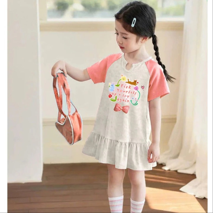 Alternative view of Đầm Thun Bé Gái Tay Ngắn Tùng Xòe In Hình Đáng Yêu Chất Cotton 4c Phối Màu Từ 12-45kg Dành Cho Bé Gái