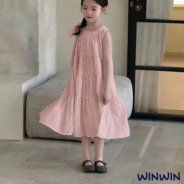 Đầm Xòe Bé Gái Dáng Babydoll Chấm Bi Nơ Vai Cực Xinh Từ 12-36kg Dành Cho Bé Gái