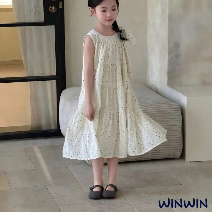 Alternative view of Đầm Xòe Bé Gái Dáng Babydoll Chấm Bi Nơ Vai Cực Xinh Từ 12-36kg Dành Cho Bé Gái