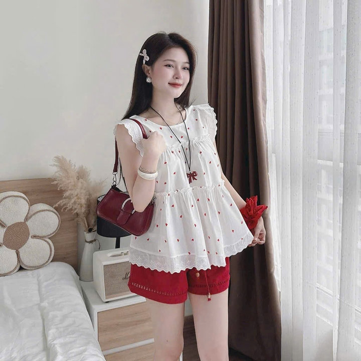Alternative view of Set Bộ Nữ Trái Tim Đỏ Cánh Tiên Viền Ren Mix Quần Short Đùi Cặp Chun Mặc Nhà Đi Chơi Siêu Xinh T105