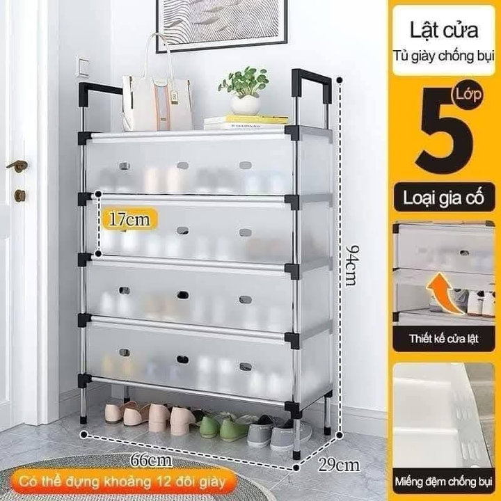 Kệ 5 Tầng Inox Có Tấm Chắn Bụi Giày, Tiện Dụng